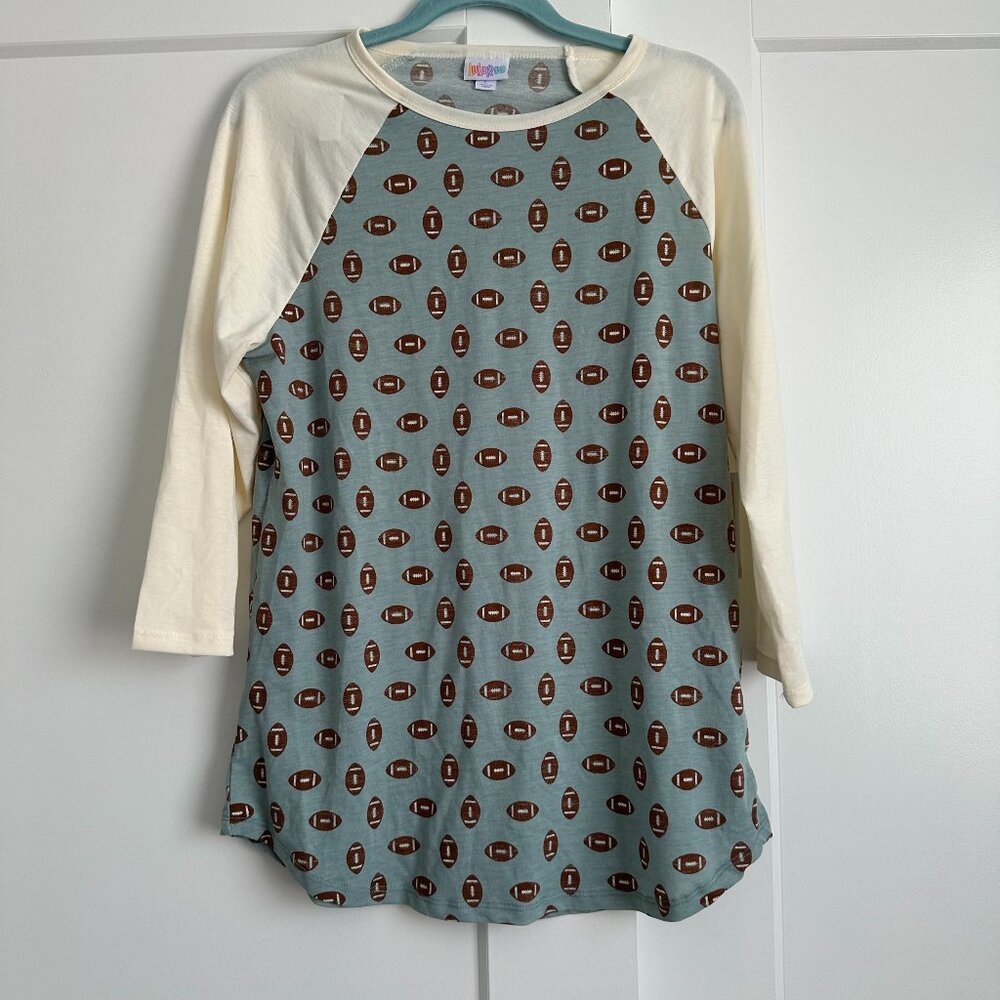 LuLaRoe Randy Baseball Style 3/4 Sleeve T-Shirt with Footballs - L NWT